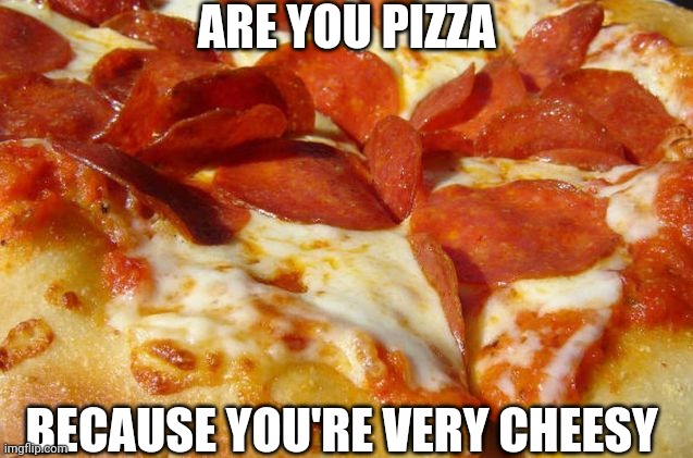 Pepperoni pizza | ARE YOU PIZZA; BECAUSE YOU'RE VERY CHEESY | image tagged in pepperoni pizza | made w/ Imgflip meme maker