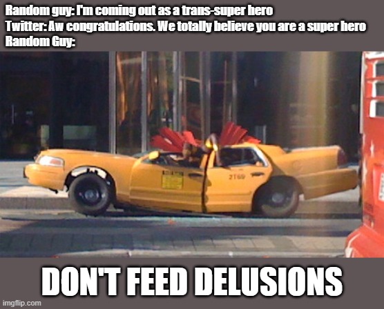 It's not brave, It's a mental delusion | Random guy: I'm coming out as a trans-super hero
Twitter: Aw congratulations. We totally believe you are a super hero 
Random Guy:; DON'T FEED DELUSIONS | image tagged in lgbt | made w/ Imgflip meme maker