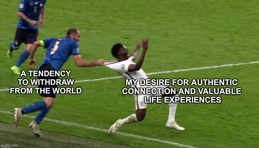 chiellini saka | MY DESIRE FOR AUTHENTIC 
CONNECTION AND VALUABLE 
LIFE EXPERIENCES; A TENDENCY TO WITHDRAW FROM THE WORLD | image tagged in chiellini saka | made w/ Imgflip meme maker