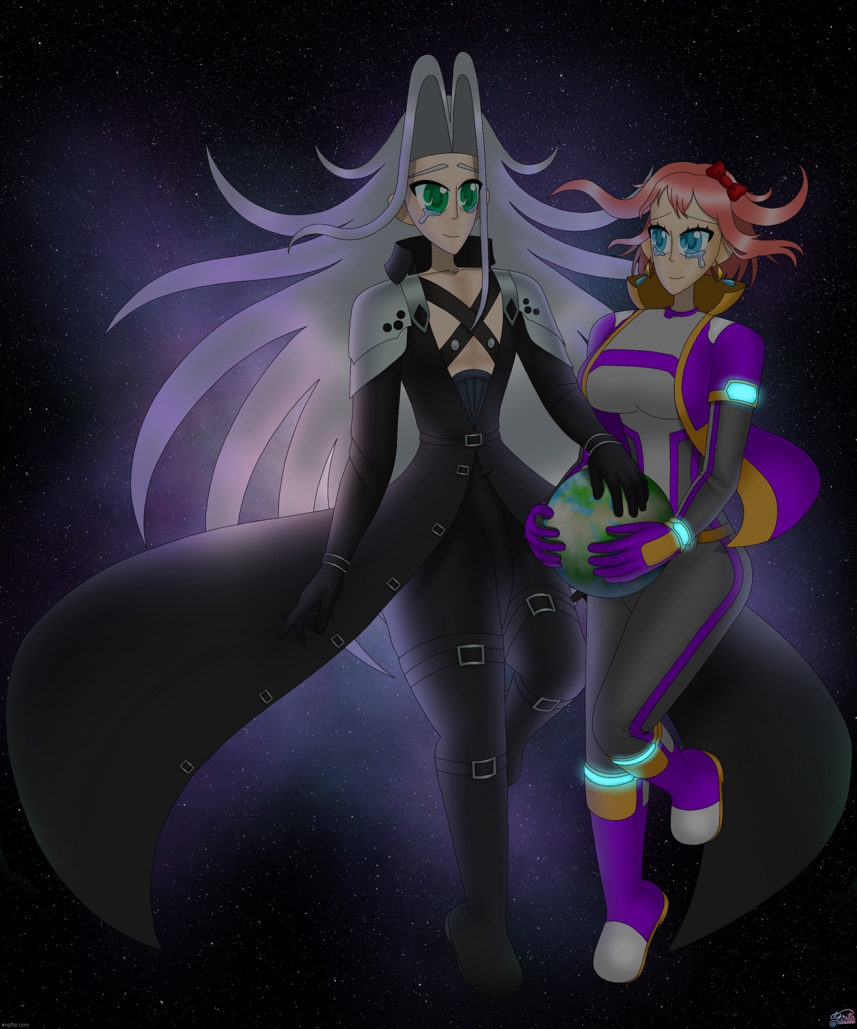 Hello again | image tagged in sayori and sephiroth | made w/ Imgflip meme maker