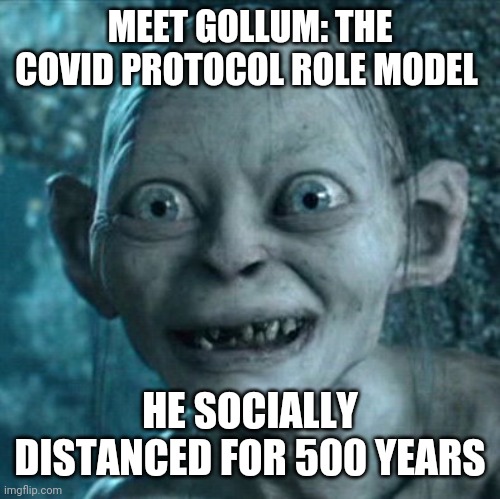 Lol this is true | MEET GOLLUM: THE COVID PROTOCOL ROLE MODEL; HE SOCIALLY DISTANCED FOR 500 YEARS | image tagged in memes,gollum | made w/ Imgflip meme maker