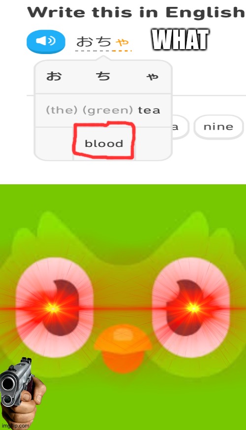  WHAT | image tagged in blood,duolingo,wait a minute,japanese | made w/ Imgflip meme maker