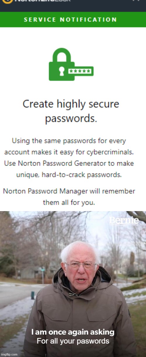 Norton wants my passwords and let me know. | For all your paswords | image tagged in memes,bernie i am once again asking for your support | made w/ Imgflip meme maker