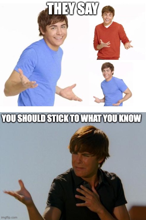 THEY SAY; YOU SHOULD STICK TO WHAT YOU KNOW | image tagged in when they say you're ass,zack efron difficult decision | made w/ Imgflip meme maker