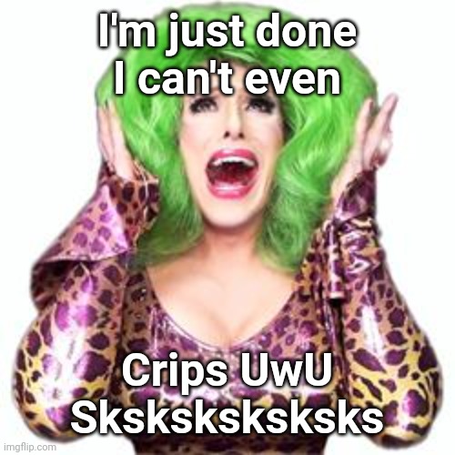 Fabulous Drag Queen Realness | I'm just done
I can't even Crips UwU
Sksksksksksks | image tagged in fabulous drag queen realness | made w/ Imgflip meme maker