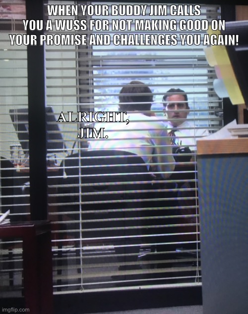 Making a meme out of every office line ever (superfan version) | WHEN YOUR BUDDY JIM CALLS YOU A WUSS FOR NOT MAKING GOOD ON YOUR PROMISE AND CHALLENGES YOU AGAIN! ALRIGHT, JIM. | image tagged in the office,jim halpert,michael scott,the beginning | made w/ Imgflip meme maker