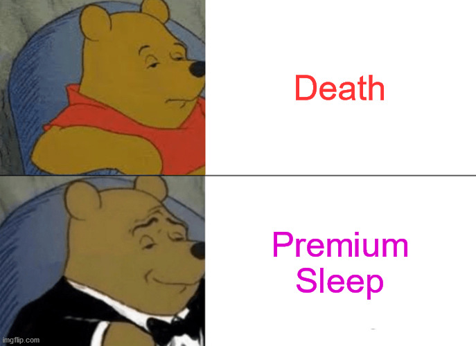 I ran out of names |  Death; Premium Sleep | image tagged in memes,tuxedo winnie the pooh | made w/ Imgflip meme maker