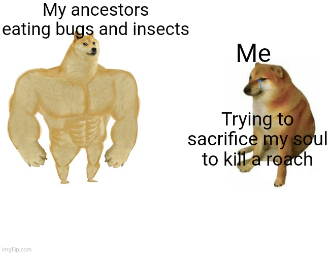 Bug Spray | My ancestors eating bugs and insects; Me; Trying to sacrifice my soul to kill a roach | image tagged in memes,buff doge vs cheems | made w/ Imgflip meme maker