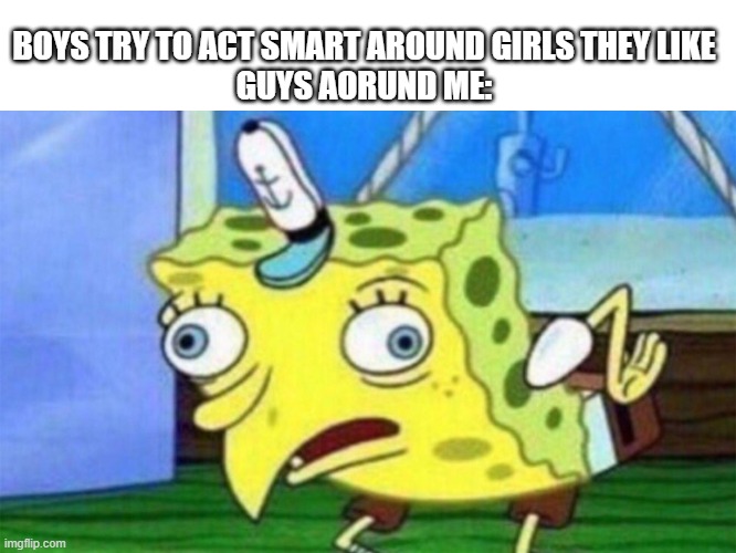 spongebob stupid | BOYS TRY TO ACT SMART AROUND GIRLS THEY LIKE
GUYS AORUND ME: | image tagged in spongebob stupid | made w/ Imgflip meme maker