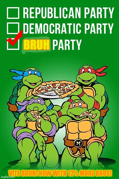 Vote BRUH. Cowabunga! | BRUH; VITE BRUH! NOW WITH 12% MORE BROS! | image tagged in teenage mutant ninja turtles,cowabunga it is,vote,bruh,party | made w/ Imgflip meme maker