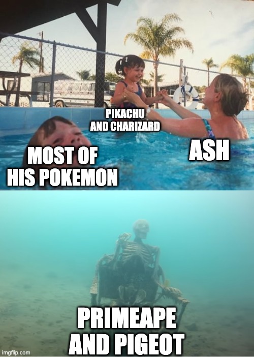 Swimming Pool Kids | PIKACHU AND CHARIZARD; ASH; MOST OF HIS POKEMON; PRIMEAPE AND PIGEOT | image tagged in swimming pool kids | made w/ Imgflip meme maker