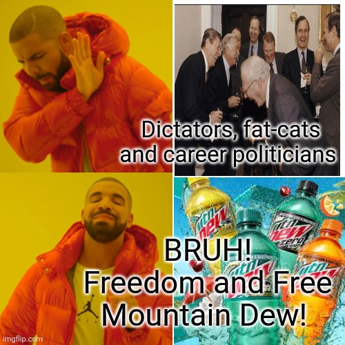 Vote BRUH. The Rock voted bruh. Now he's a superstar! | Dictators, fat-cats and career politicians BRUH! Freedom and Free Mountain Dew! | image tagged in memes,drake hotline bling,bruh,party,vote | made w/ Imgflip meme maker