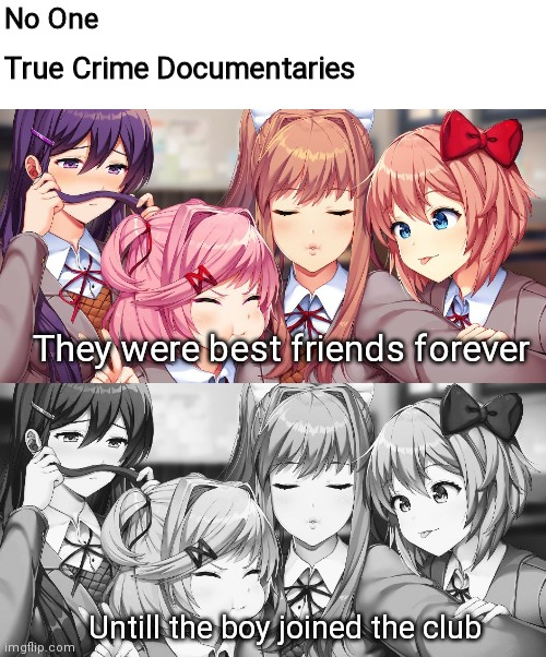Only on Discovery Plus | No One; True Crime Documentaries; They were best friends forever; Untill the boy joined the club | image tagged in documentary,murder,memes,doki doki literature club | made w/ Imgflip meme maker