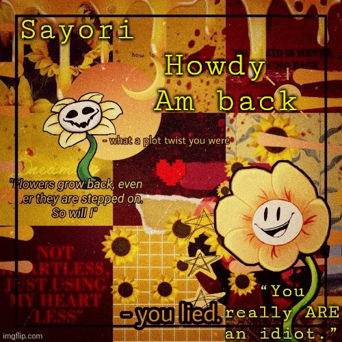 Floweyyyyy the Flowerrrrrrrrr | Howdy 
Am back | image tagged in floweyyyyy the flowerrrrrrrrr | made w/ Imgflip meme maker