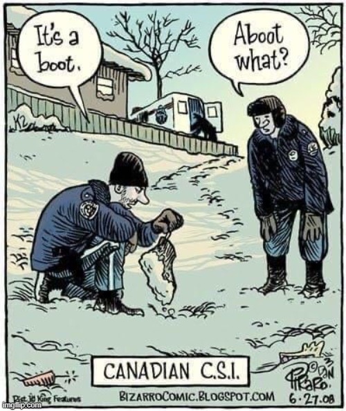 Oh, Canada! We love you! [Bizarro Comics by Dan Piraro, 6·27·08] | BIZARRO COMICS; BY DAN PIRARO; 6·27·08; IT'S A BOOT; ABOOT WHAT?; CANADIAN CSI | image tagged in comics,bizarro,canada,csi,boot | made w/ Imgflip meme maker