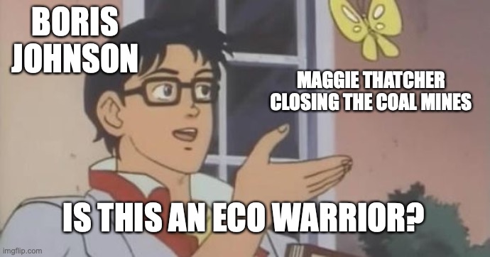 Boris Johnson on Maggie Thatcher | BORIS JOHNSON; MAGGIE THATCHER CLOSING THE COAL MINES; IS THIS AN ECO WARRIOR? | image tagged in is this a pigeon | made w/ Imgflip meme maker