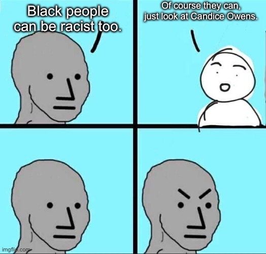 Candice "Hitler would've done nothing wrong if he only genocided the people within his own border" Owens | Of course they can, just look at Candice Owens. Black people can be racist too. | image tagged in npc meme | made w/ Imgflip meme maker