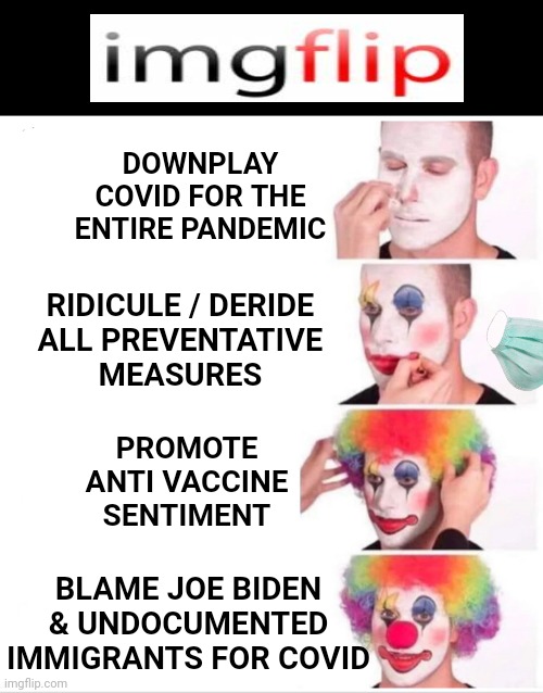 Clown Applying Makeup Meme | DOWNPLAY COVID FOR THE ENTIRE PANDEMIC RIDICULE / DERIDE 
ALL PREVENTATIVE 
MEASURES PROMOTE ANTI VACCINE SENTIMENT BLAME JOE BIDEN
& UNDOCU | image tagged in memes,clown applying makeup | made w/ Imgflip meme maker