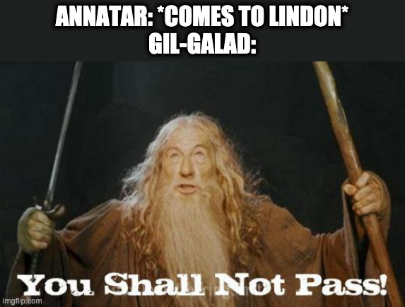 Silm | ANNATAR: *COMES TO LINDON*
GIL-GALAD: | image tagged in gandalf you shall not pass | made w/ Imgflip meme maker