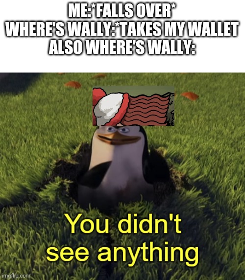 You didn't see anything | ME:*FALLS OVER*
WHERE'S WALLY:*TAKES MY WALLET
ALSO WHERE'S WALLY: | image tagged in you didn't see anything | made w/ Imgflip meme maker