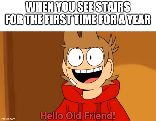 Hello old friend | WHEN YOU SEE STAIRS FOR THE FIRST TIME FOR A YEAR | image tagged in hello old friend | made w/ Imgflip meme maker