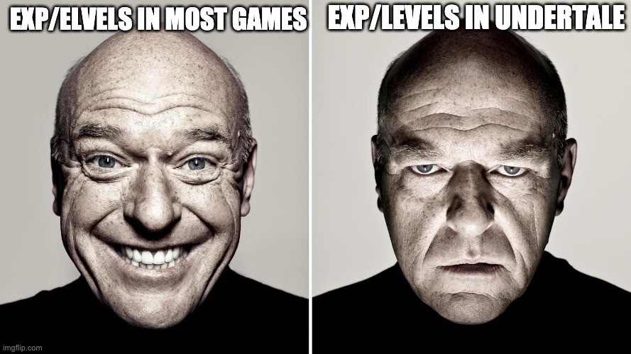 Dean Norris's reaction | EXP/LEVELS IN UNDERTALE; EXP/ELVELS IN MOST GAMES | image tagged in dean norris's reaction | made w/ Imgflip meme maker