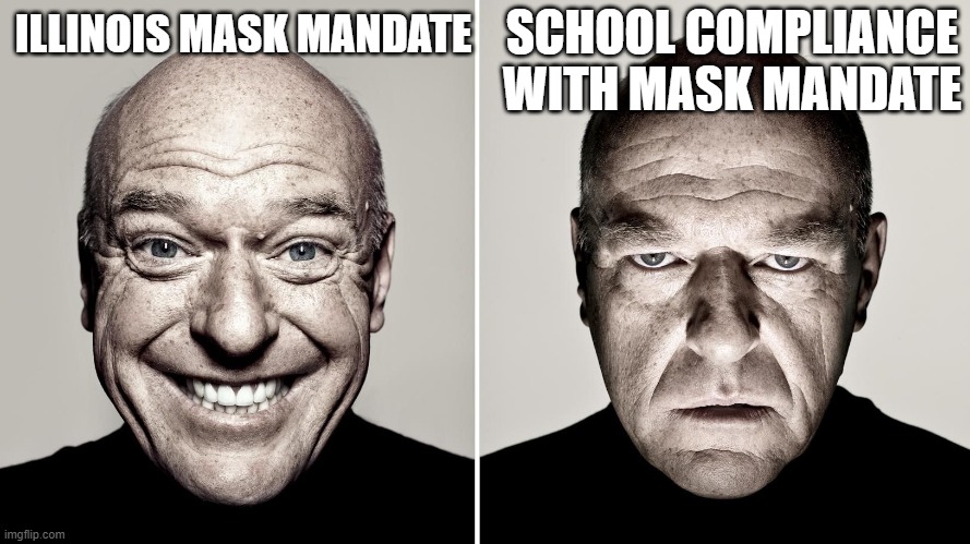 IL mask order | SCHOOL COMPLIANCE WITH MASK MANDATE; ILLINOIS MASK MANDATE | image tagged in dean norris's reaction | made w/ Imgflip meme maker
