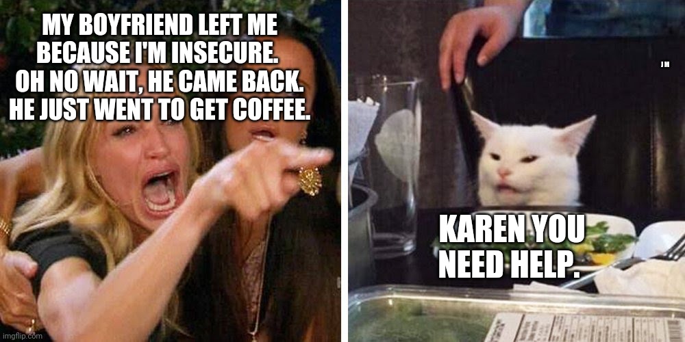 Smudge the cat | MY BOYFRIEND LEFT ME BECAUSE I'M INSECURE.  OH NO WAIT, HE CAME BACK.  HE JUST WENT TO GET COFFEE. J M; KAREN YOU NEED HELP. | image tagged in smudge the cat | made w/ Imgflip meme maker