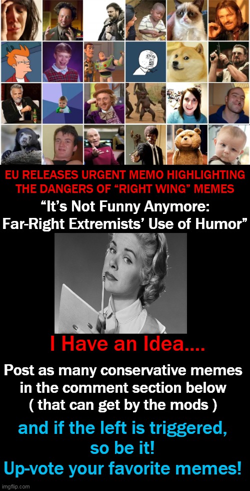 Support our values, sovereignty, love of country, traditions, police, babies, mothers & fathers, American exceptionalism, freedo | EU RELEASES URGENT MEMO HIGHLIGHTING THE DANGERS OF “RIGHT WING” MEMES; “It’s Not Funny Anymore: Far-Right Extremists’ Use of Humor”; I Have an Idea.... Post as many conservative memes 
in the comment section below 
( that can get by the mods ); and if the left is triggered, 

so be it! 
Up-vote your favorite memes! | image tagged in political meme,conservative logic,liberal vs conservative,democratic socialism,right vs wrong,freedom of speech | made w/ Imgflip meme maker