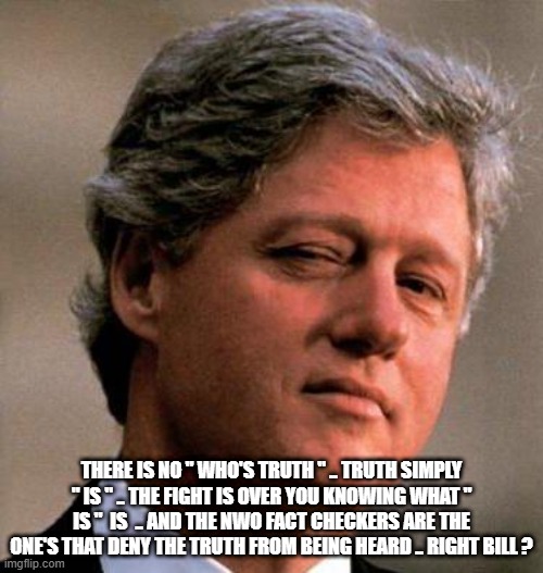 THE MEANING OF " IS " | THERE IS NO " WHO'S TRUTH " .. TRUTH SIMPLY " IS " .. THE FIGHT IS OVER YOU KNOWING WHAT " IS "  IS  .. AND THE NWO FACT CHECKERS ARE THE ONE'S THAT DENY THE TRUTH FROM BEING HEARD .. RIGHT BILL ? | image tagged in bill clinton wink | made w/ Imgflip meme maker