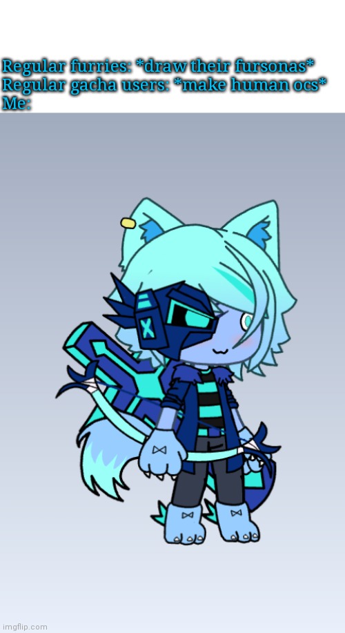Regular furries: *draw their fursonas*
Regular gacha users: *make human ocs*
Me: | image tagged in blank white template,larkfrost | made w/ Imgflip meme maker