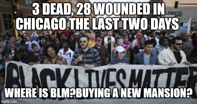 These Black Lives don't matter | 3 DEAD, 28 WOUNDED IN CHICAGO THE LAST TWO DAYS; WHERE IS BLM?BUYING A NEW MANSION? | image tagged in black lives matter | made w/ Imgflip meme maker