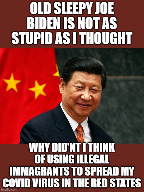 yep | OLD SLEEPY JOE BIDEN IS NOT AS STUPID AS I THOUGHT; WHY DID'NT I THINK OF USING ILLEGAL IMMAGRANTS TO SPREAD MY COVID VIRUS IN THE RED STATES | image tagged in xi jinping,democrats,germ warfare,fascism | made w/ Imgflip meme maker