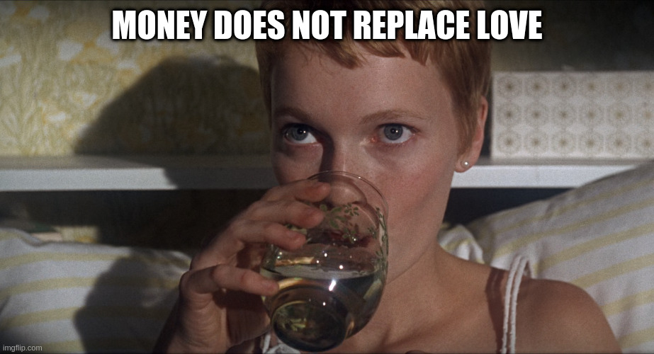 but i love my house | MONEY DOES NOT REPLACE LOVE | image tagged in rosemary | made w/ Imgflip meme maker