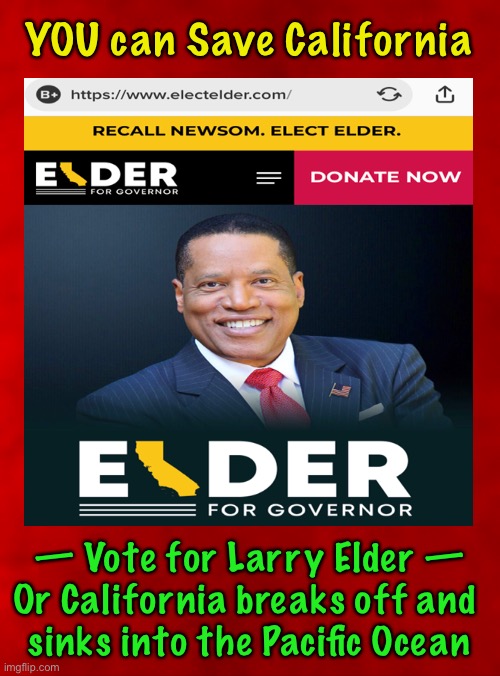 Please SAGE California | YOU can Save California; — Vote for Larry Elder —
Or California breaks off and 
sinks into the Pacific Ocean | image tagged in defeat newsome,save cali save america,dems are marxists,dems are all power all money all control,dems destroy everything | made w/ Imgflip meme maker