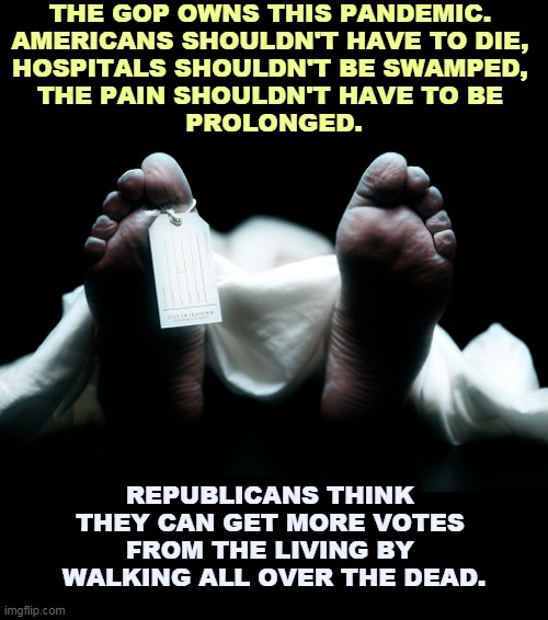 The GOP pandemic. The Republican pandemic. Trump's pandemic. | THE GOP OWNS THIS PANDEMIC. 
AMERICANS SHOULDN'T HAVE TO DIE, 
HOSPITALS SHOULDN'T BE SWAMPED, 
THE PAIN SHOULDN'T HAVE TO BE 
PROLONGED. REPUBLICANS THINK 
THEY CAN GET MORE VOTES 
FROM THE LIVING BY 
WALKING ALL OVER THE DEAD. | image tagged in dead body corpse feet tag,gop,republican,trump,pandemic,covid-19 | made w/ Imgflip meme maker