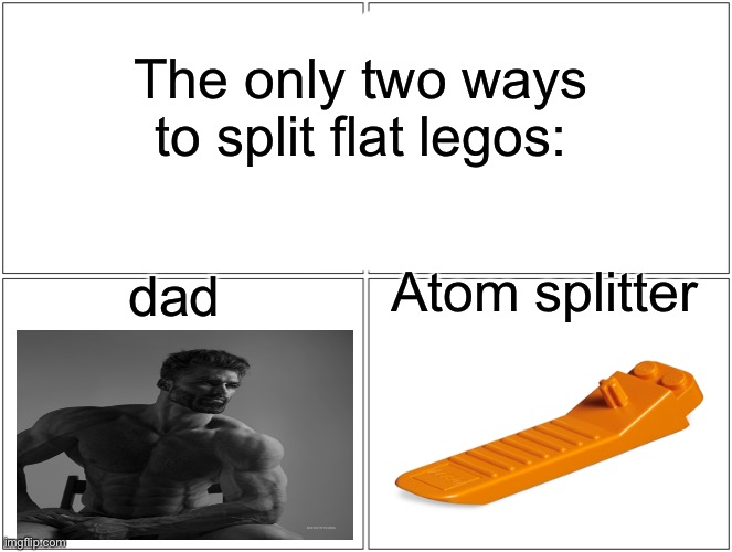 Blank Comic Panel 2x2 | The only two ways to split flat legos:; Atom splitter; dad | image tagged in memes,lego,relatable | made w/ Imgflip meme maker