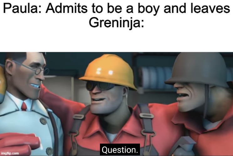 Soldier question | Paula: Admits to be a boy and leaves
Greninja: | image tagged in soldier question | made w/ Imgflip meme maker