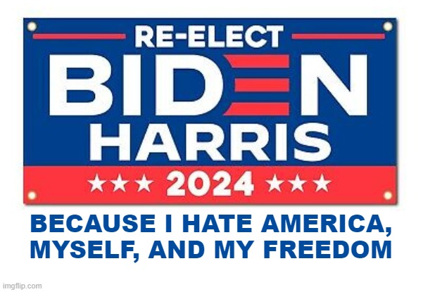 BECAUSE I HATE AMERICA,
MYSELF, AND MY FREEDOM | image tagged in joe biden,kamala harris,election 2024,funny memes | made w/ Imgflip meme maker