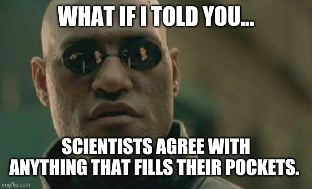 Big pharma is making Billions. | WHAT IF I TOLD YOU... SCIENTISTS AGREE WITH ANYTHING THAT FILLS THEIR POCKETS. | image tagged in memes | made w/ Imgflip meme maker