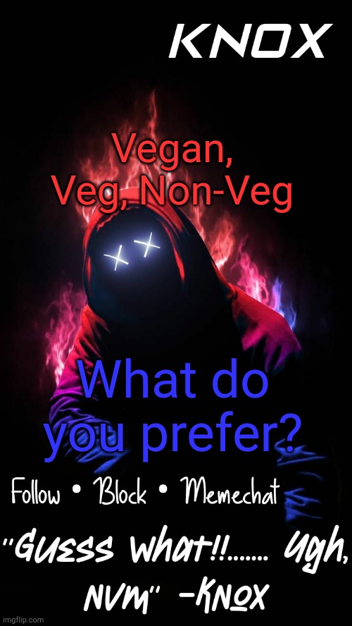 Knox official announcement template v8 | Vegan, Veg, Non-Veg; What do you prefer? | image tagged in knox official announcement template v8 | made w/ Imgflip meme maker