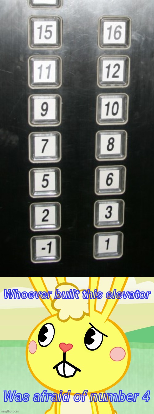 Imagine trying to go to 4th floor? | Whoever built this elevator; Was afraid of number 4 | image tagged in confused cuddles htf,memes,elevator,buttons,epic fail,funny | made w/ Imgflip meme maker
