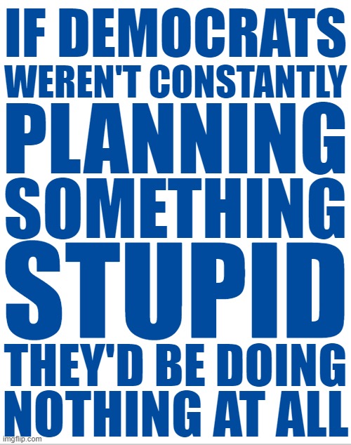 Stupid is as stupid does. | IF DEMOCRATS; WEREN'T CONSTANTLY; PLANNING; SOMETHING; STUPID; THEY'D BE DOING; NOTHING AT ALL | image tagged in democrats,stupid,memes | made w/ Imgflip meme maker