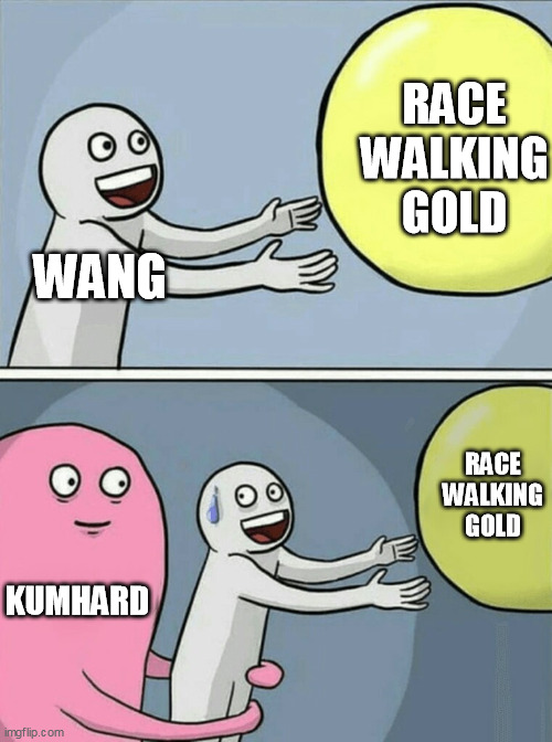 WANG RACE WALKING GOLD KUMHARD RACE WALKING GOLD | image tagged in memes,running away balloon | made w/ Imgflip meme maker