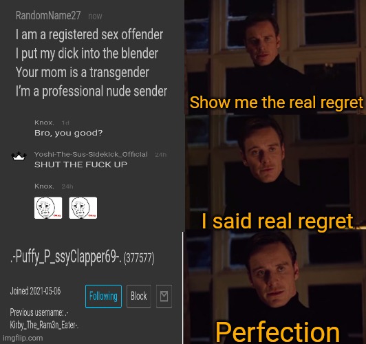 First one is not so great, second is my real regret, third is.... Most regretted thing on imgflip | Show me the real regret; I said real regret; Perfection | image tagged in perfection | made w/ Imgflip meme maker