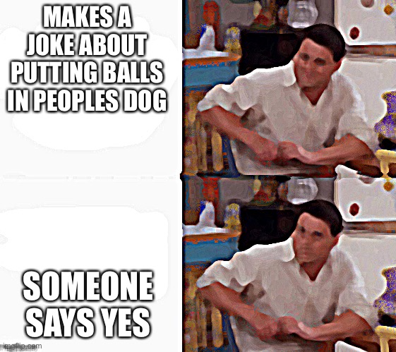 Welp | MAKES A JOKE ABOUT PUTTING BALLS IN PEOPLES DOG; SOMEONE SAYS YES | image tagged in comprehending joey | made w/ Imgflip meme maker