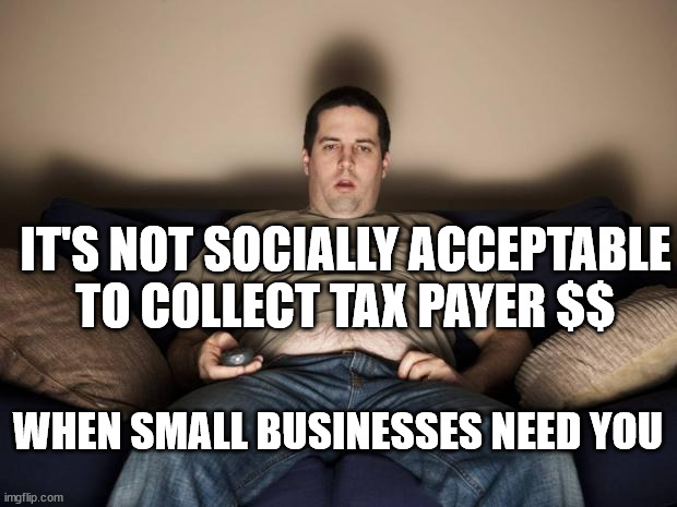 lazy fat guy on the couch | IT'S NOT SOCIALLY ACCEPTABLE TO COLLECT TAX PAYER $$; WHEN SMALL BUSINESSES NEED YOU | image tagged in lazy fat guy on the couch | made w/ Imgflip meme maker
