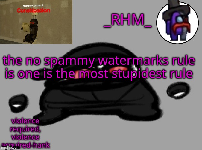 dsifhdsofhadusifgdshfdshbvcdsahgfsJK | the no spammy watermarks rule is one is the most stupidest rule | image tagged in rhm temp | made w/ Imgflip meme maker