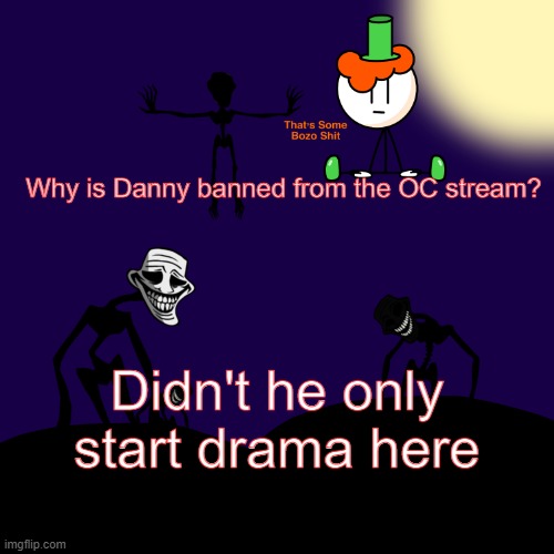 Ft. Lucky On A Textbox | Why is Danny banned from the OC stream? Didn't he only start drama here | image tagged in trollge template | made w/ Imgflip meme maker