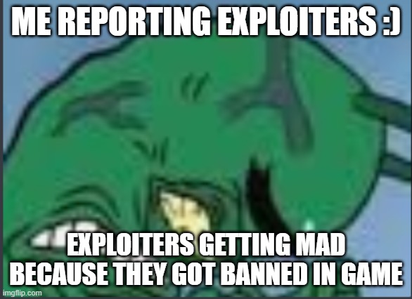 Exploiters. | ME REPORTING EXPLOITERS :); EXPLOITERS GETTING MAD BECAUSE THEY GOT BANNED IN GAME | image tagged in exploiters | made w/ Imgflip meme maker